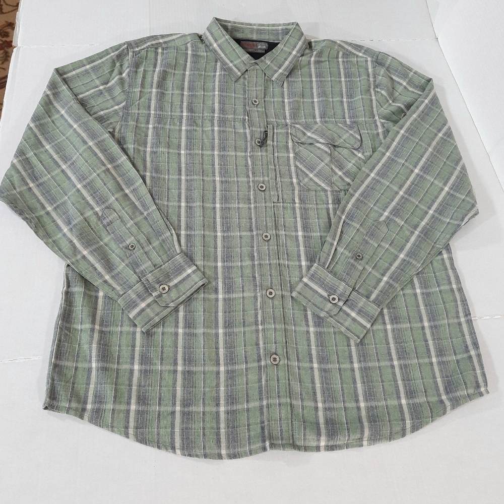 Wrangler Outdoor Roll-Tab LS Plaid Button Down Shirt Pockets Logo Men L Runs Big